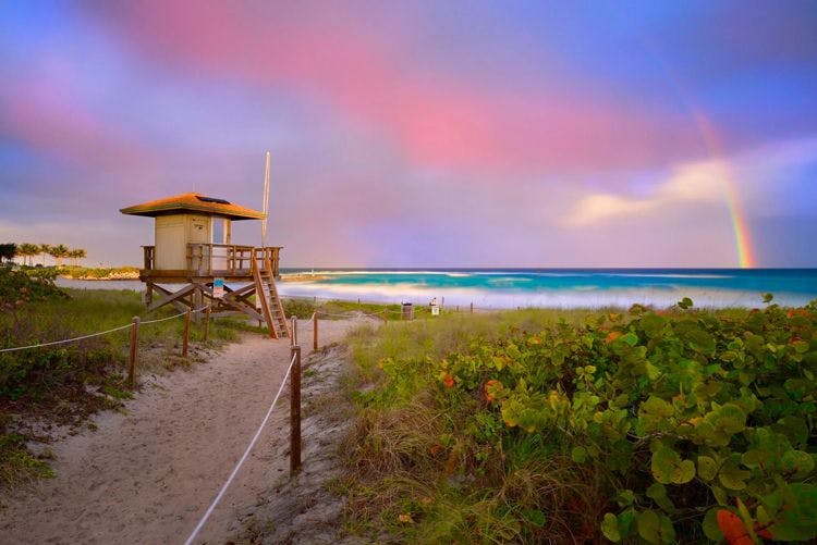 Rainbow at sunset over Florida beach