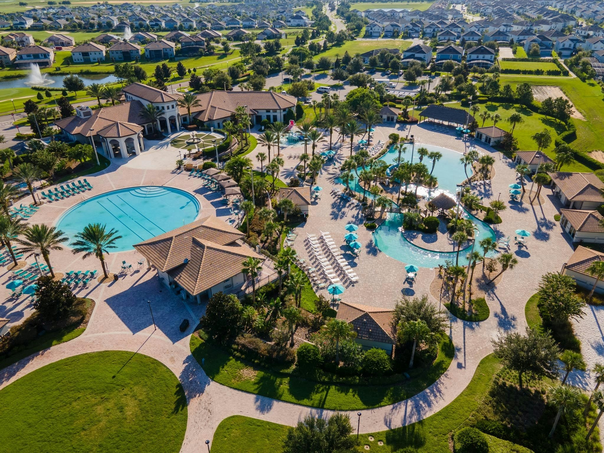Aerial view of Championsgate Resort community pools and clubhouse