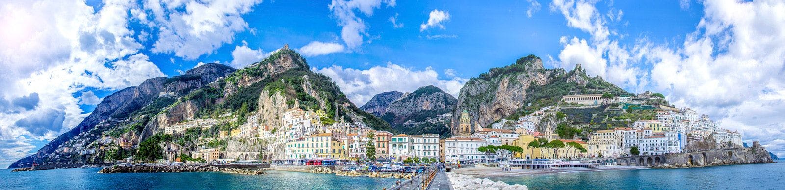 Amalfi Coast panoramic shot of town, mountains, and sea