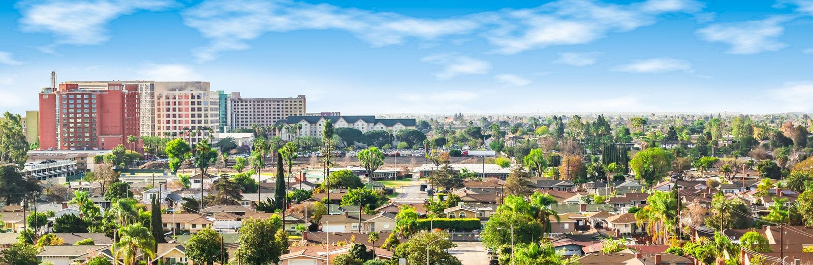 Anaheim neighborhood panoramic shot of houses and hotels