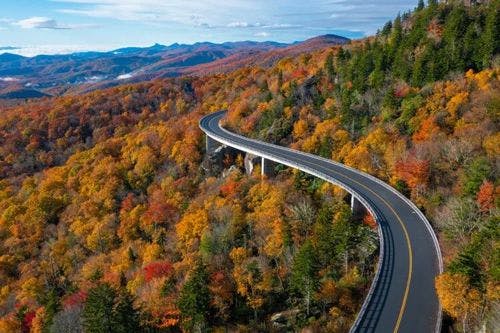 A road, the Blue Ridge Highway through fall trees in North Carolina mountains