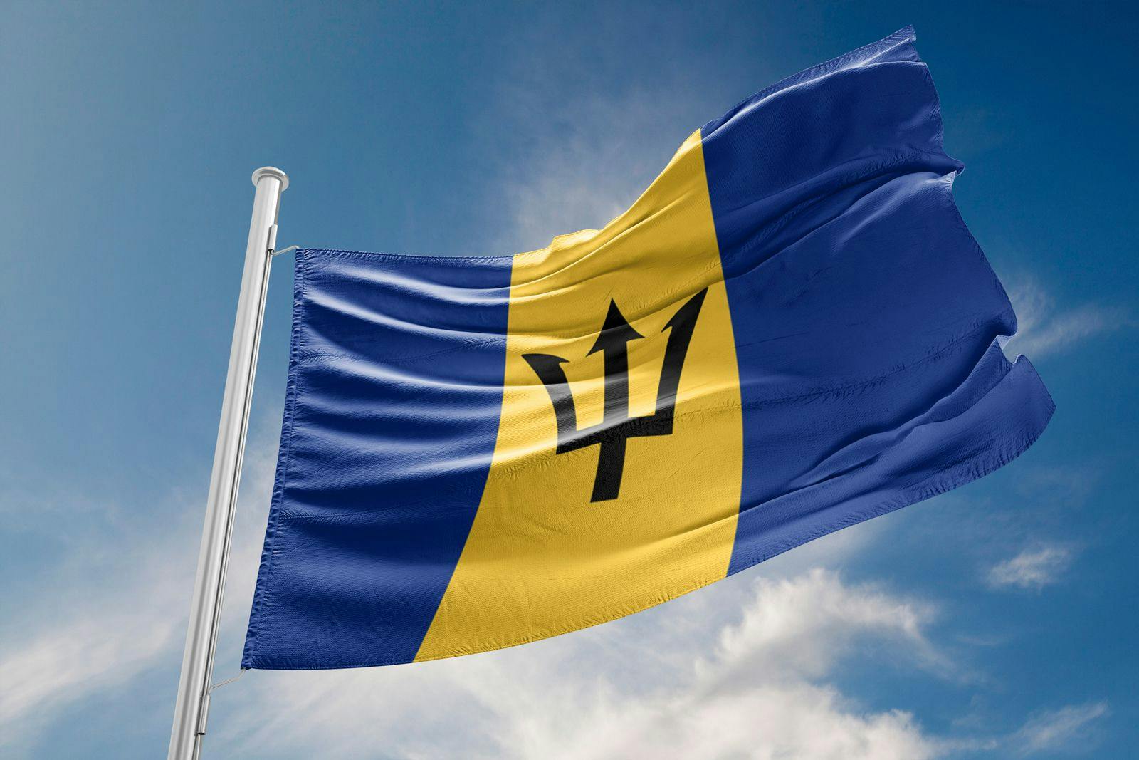Barbados flag colored blue and yellow with a trident in the center