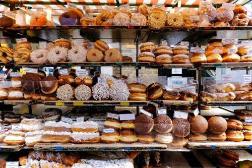 Shelves full of doughnuts and cakes