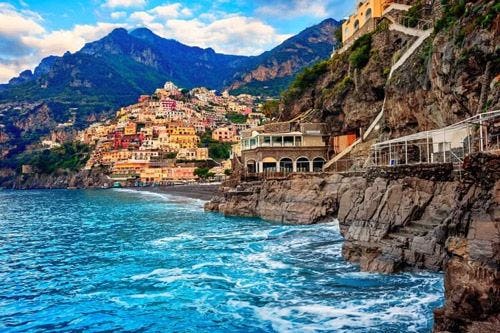 Amalfi Coast view of cliffs, beach and town