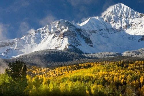 Snow covered mountains with golden forests in Colorado