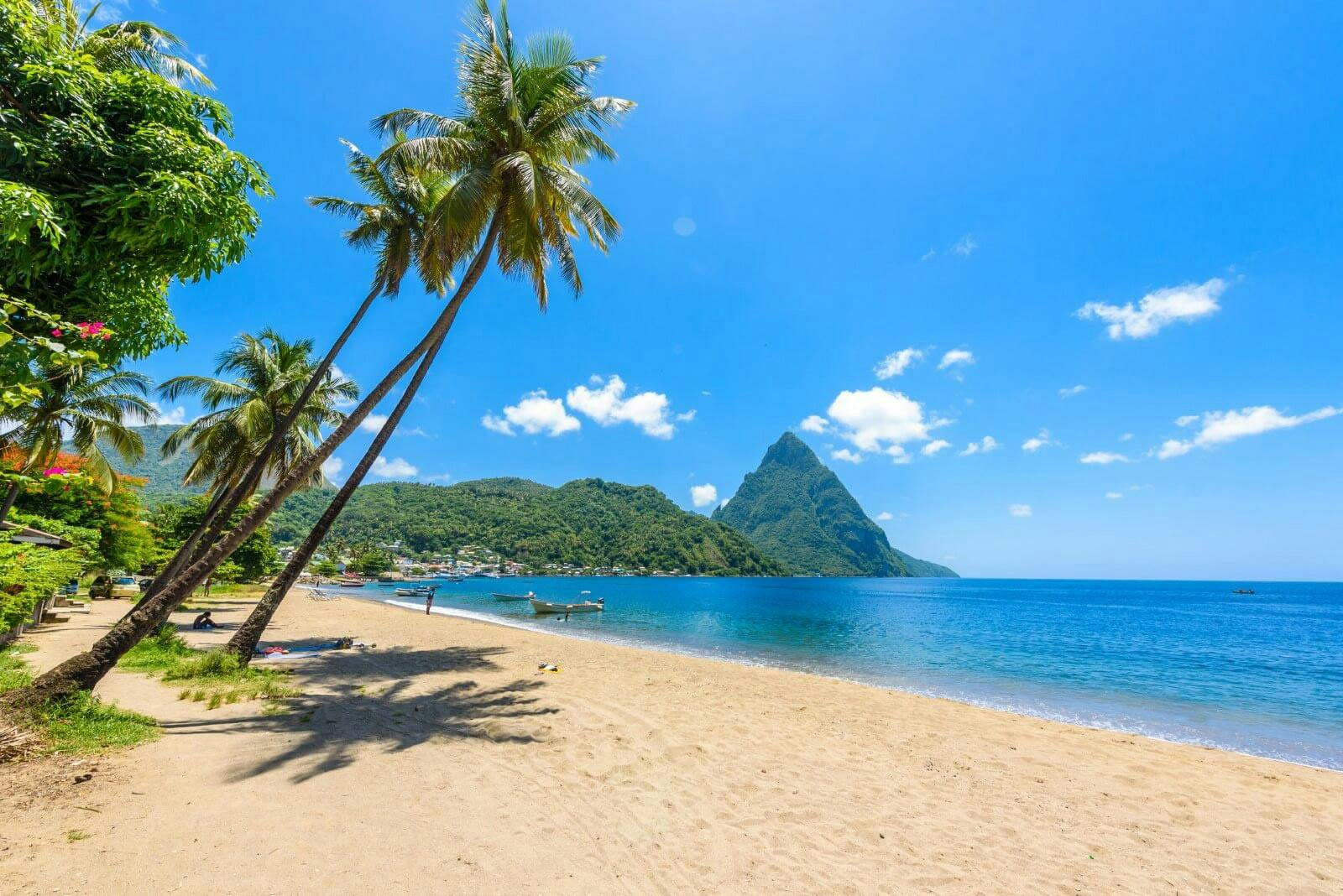 White sand beach in Saint Lucia with Piton in the background