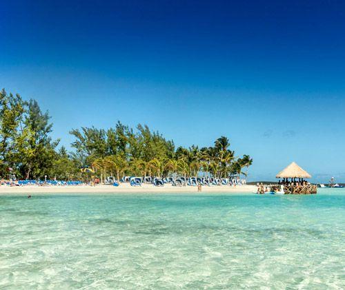 Clear water on a white sand beach in the Cayman Islands