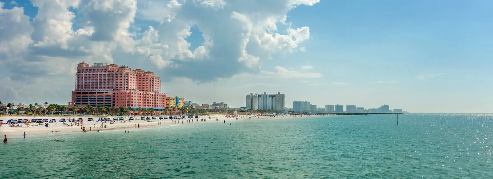 Clearwater white sand beach with high rises on the sand