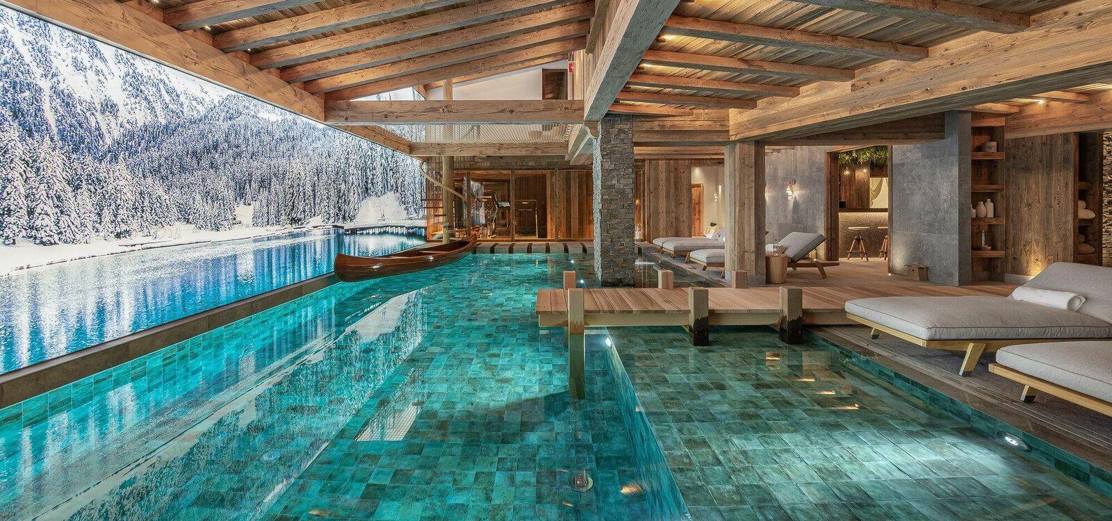 Courchevel chalets for large groups, view of private pool at Courchevel 10, Top Villas