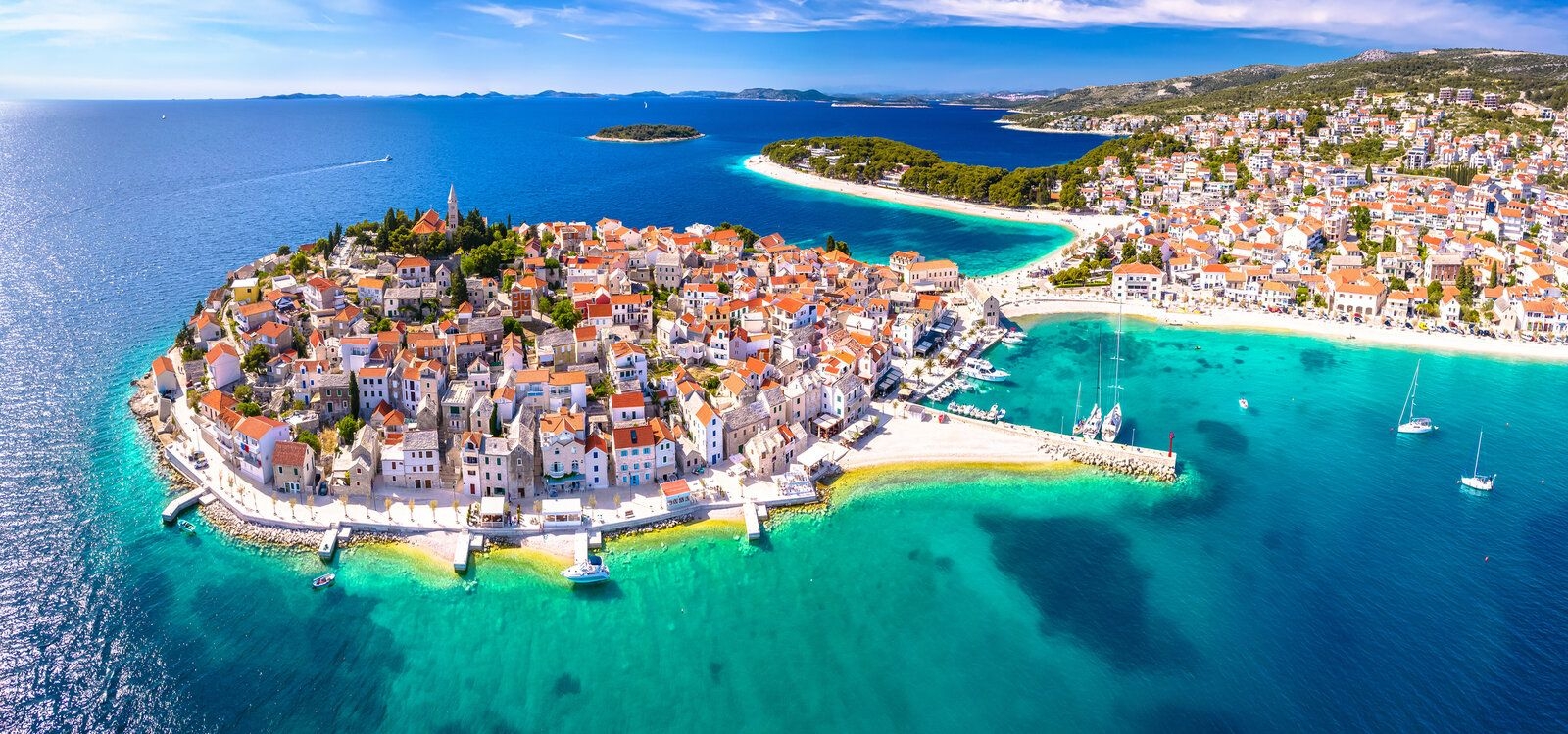Croatia vs Italy, aerial view of Primosten in Croatia, Top Villas