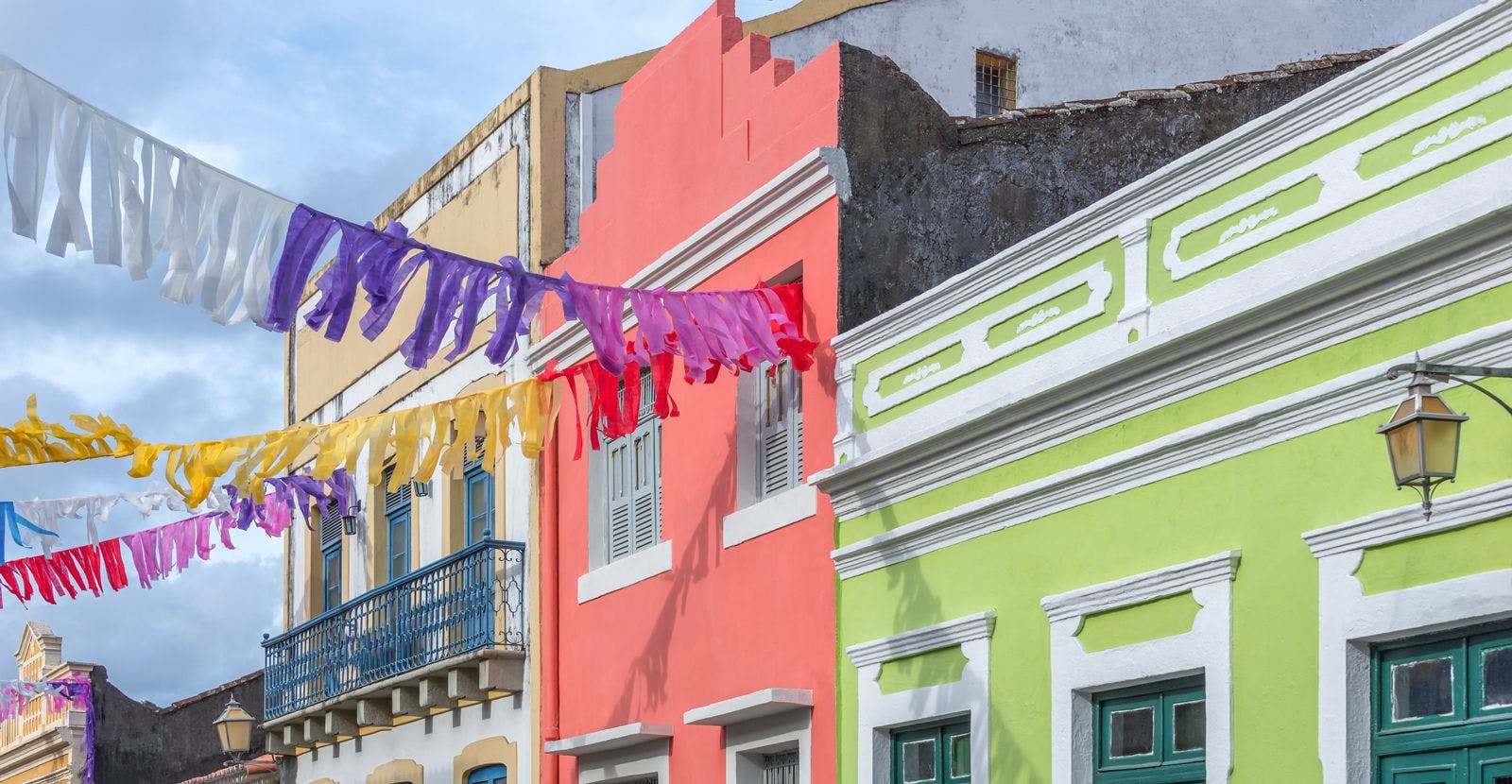 Colorful Colonial style buildings with festival decorations