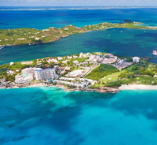 Ariel view of Cupecoy with hotels and apartments on the beach