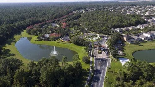 Ariel view of Emerald Island Resort with lakes and woodlands