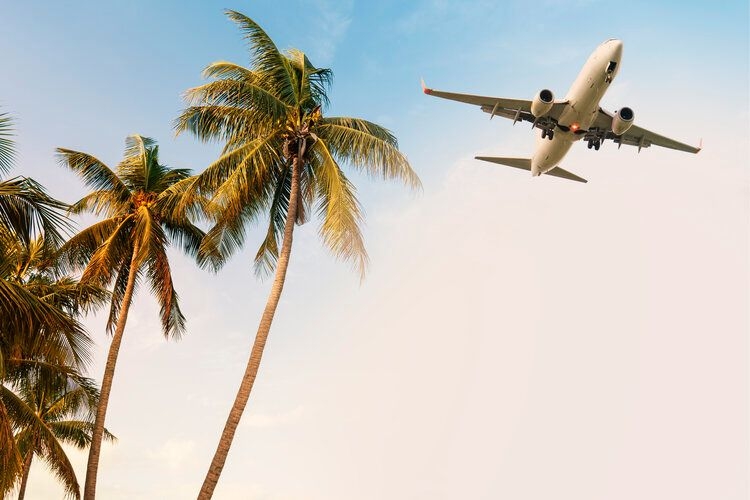 Flights for Thailand holidays, plane flying above palm trees, Top Villas