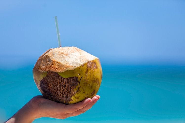 A hand holding up a coconut with a straw in it