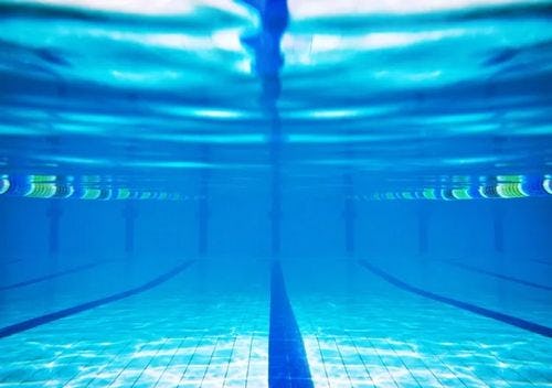 An underwater view of a swimming pool lane