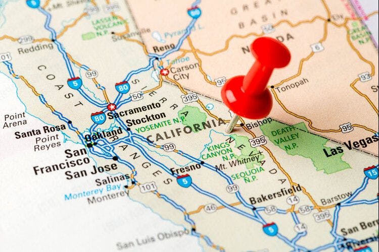 A map of California with a location pin on the state