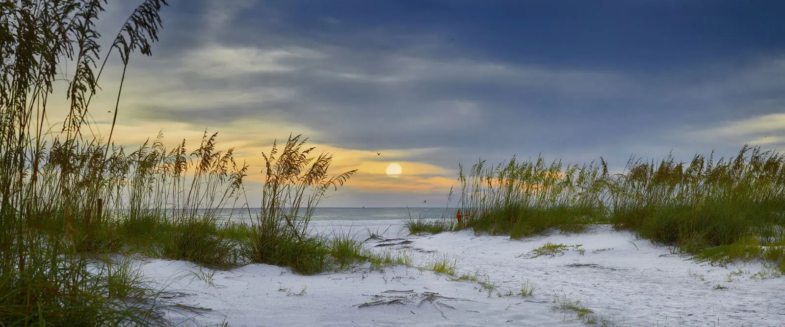 White sand Florida beach at sunset