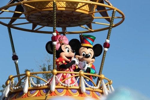 Minnie and Mickey Mouse on a float at Disney World