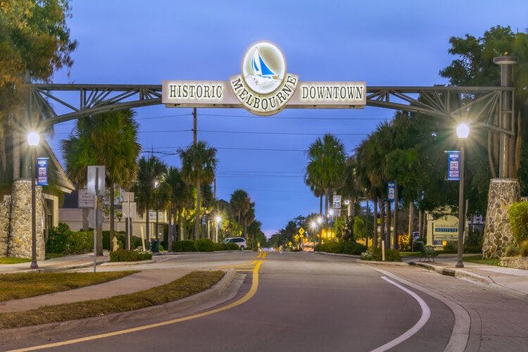 A sign for the Historic Downtown of Melbourne Beach, Florida