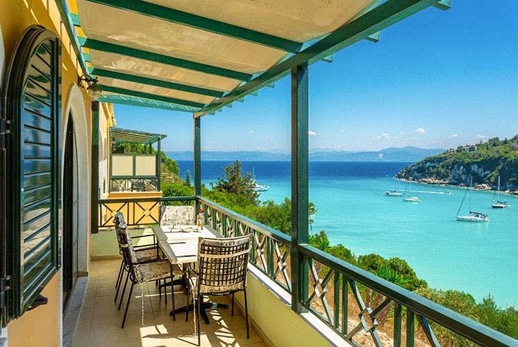 A view of the Aegean Sea from the balcony of Katerina villa in Paxos, Greece