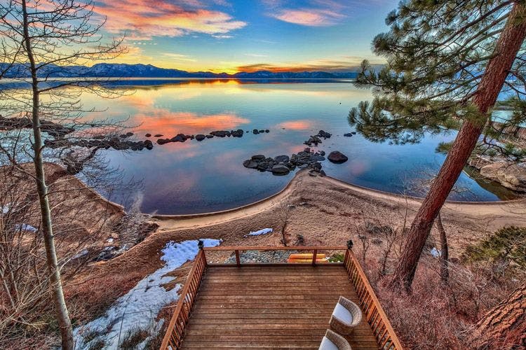 A view of Lake Tahoe from the porch of Lake Tahoe 65 cabin rental