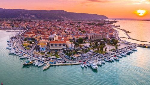 Lefkada town and harbor at sunset