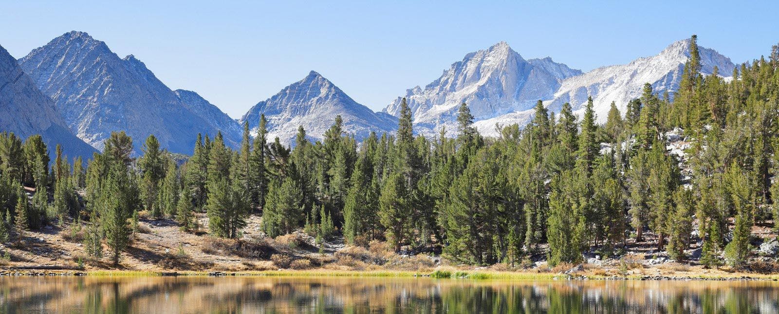 Mammoth Lakes landscape with mountains, forests, and lake