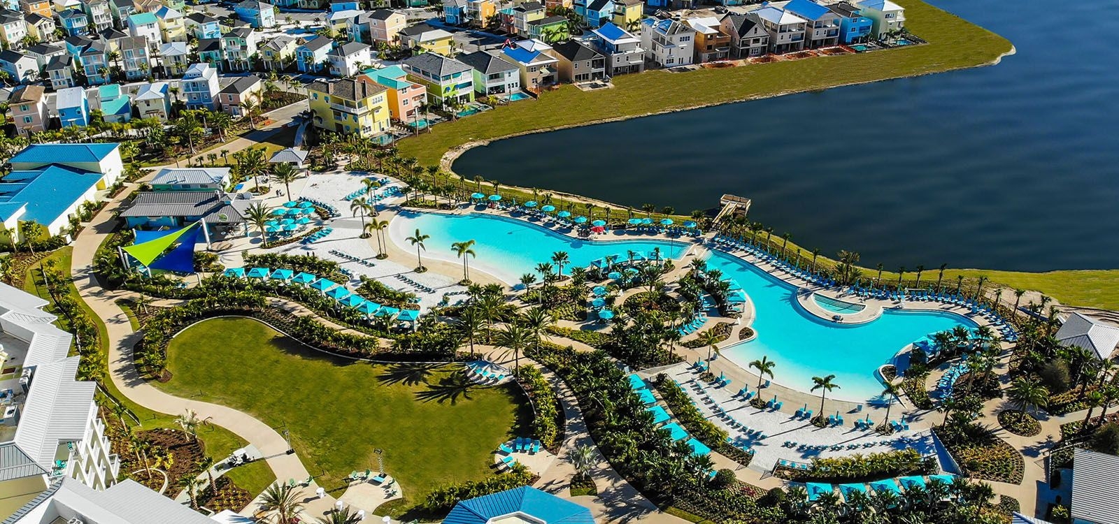 Margaritaville Orlando pools, aerial view of resort pools, Top Villas
