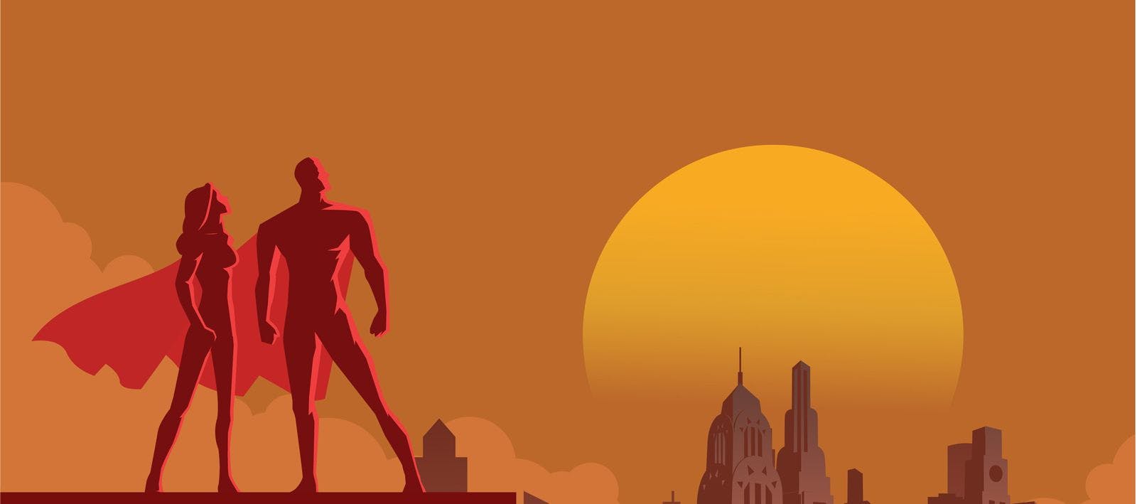 A vector illustration of two superheroes standing on a rooftop looking over a city