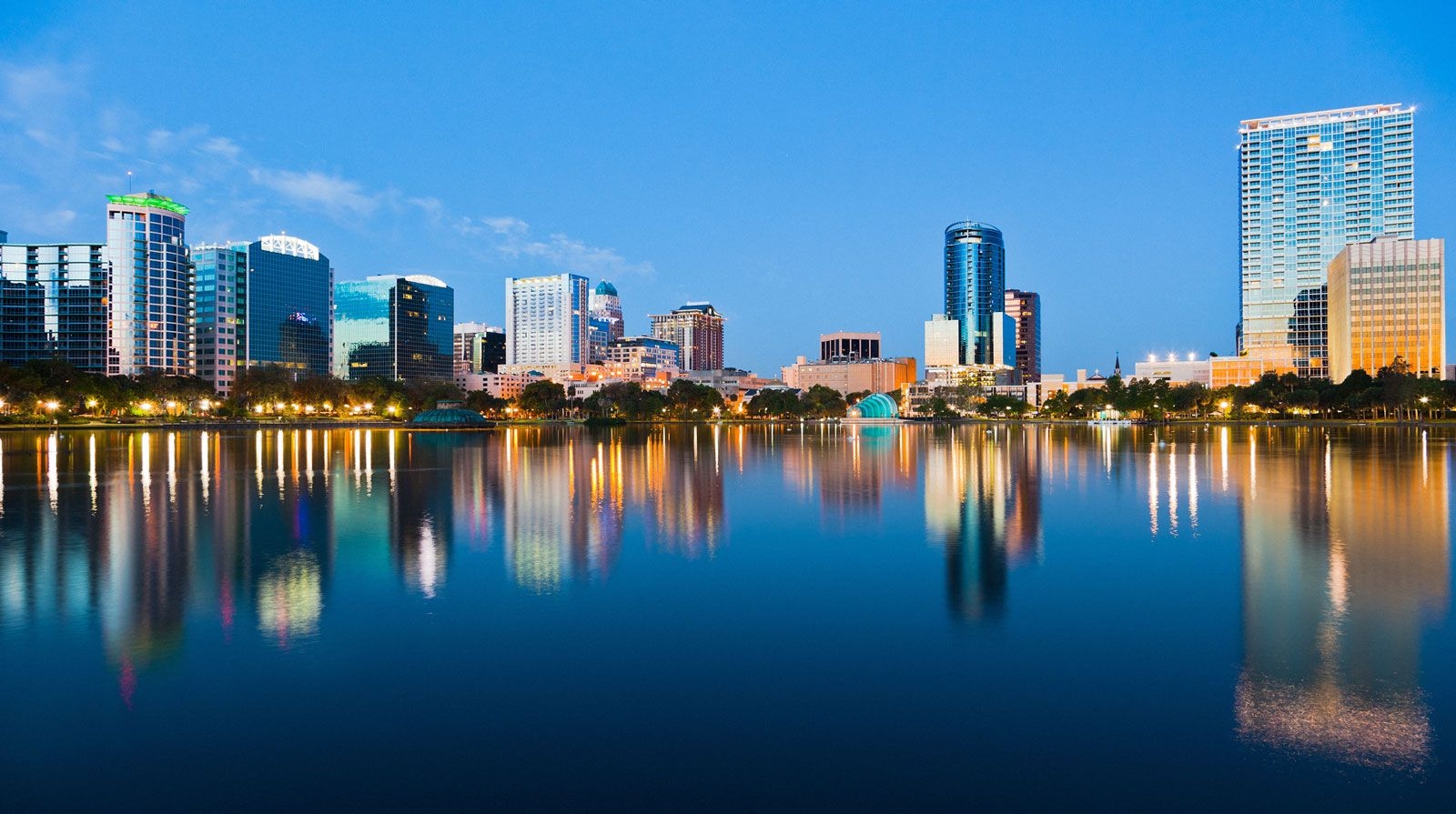 Orlando skyline by Lake Eola at dusk