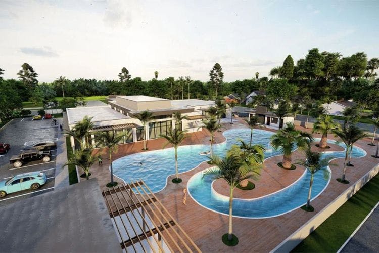 Aerial CGI view over the pool and clubhouse of Paradiso Grande 