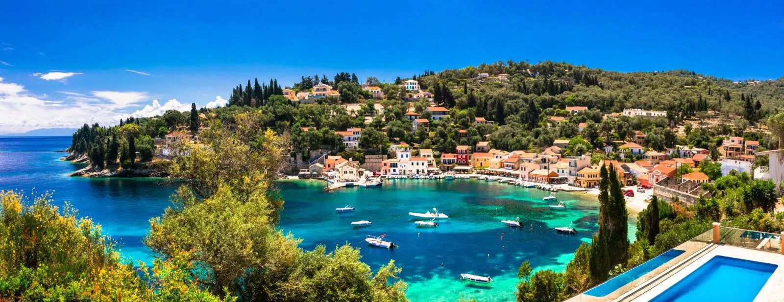 Traditional seafront village in Paxos, Greece