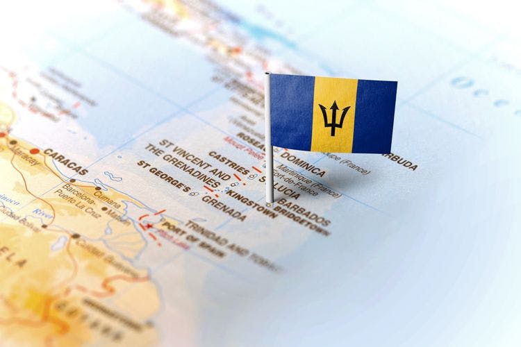 A Barbados flag stuck into a map of the Caribbean