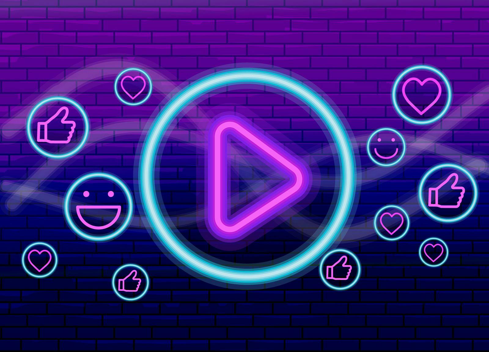 Neon glowing online reaction buttons including a large central play button, a smiley face, thumbs up, and heart