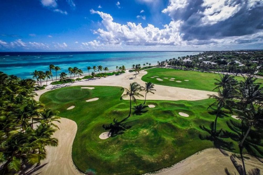 Aerial view of the oceanfront golf course at Punta Cana Resort and Club in the Dominican Republic