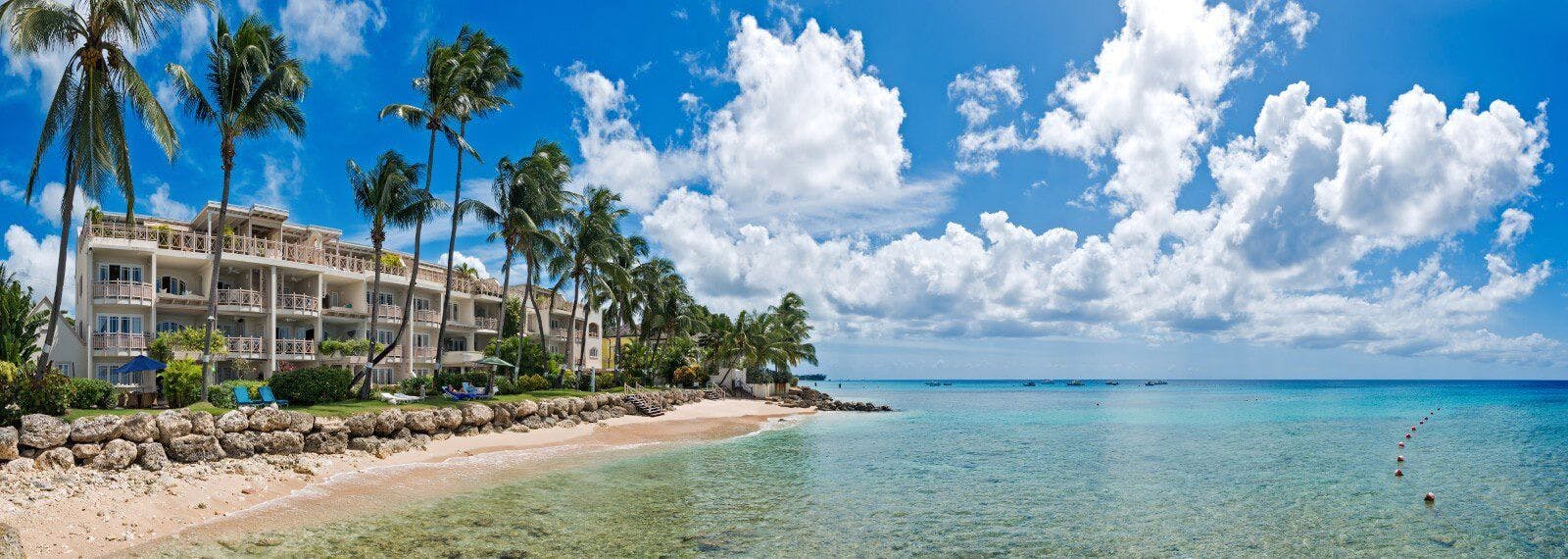 Reeds Bay white sand beach in Barbados with apartments on the sea front