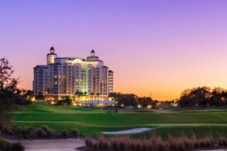 Reunion Resort amenities, view at dusk