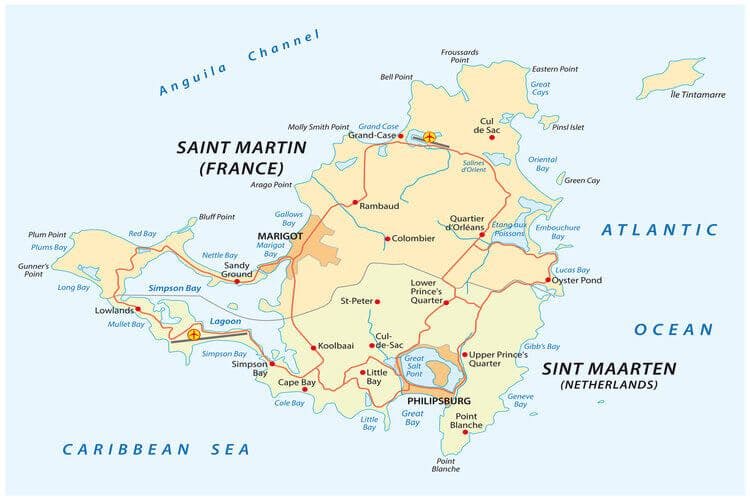 Map of Saint Martin for getting to and from Guana Bay