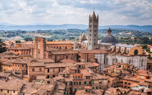 Siena city skyline with tall watch tower and red roof buldings