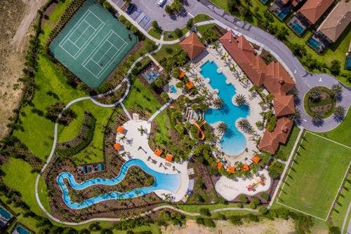Aerial view of lazy river at Solterra Resort