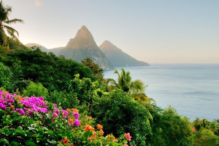 Caribbean tropical view across St. Lucia to two Pitons