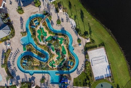 Aerial view of lazy river at Storey Lake Resort