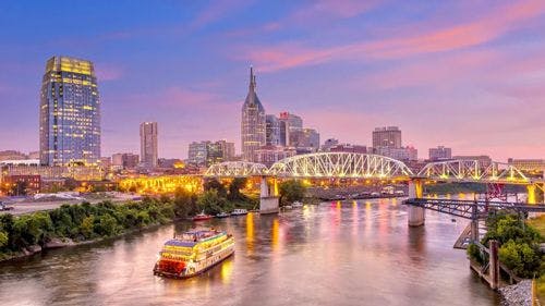 Sunset over the river and city in Nashville