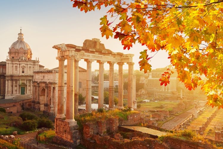 Fall leaves on trees around the ancient Roman Forum in Rome