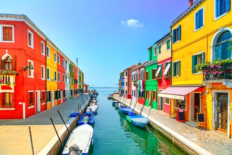 The colorful canals of Burano near Venice in Italy
