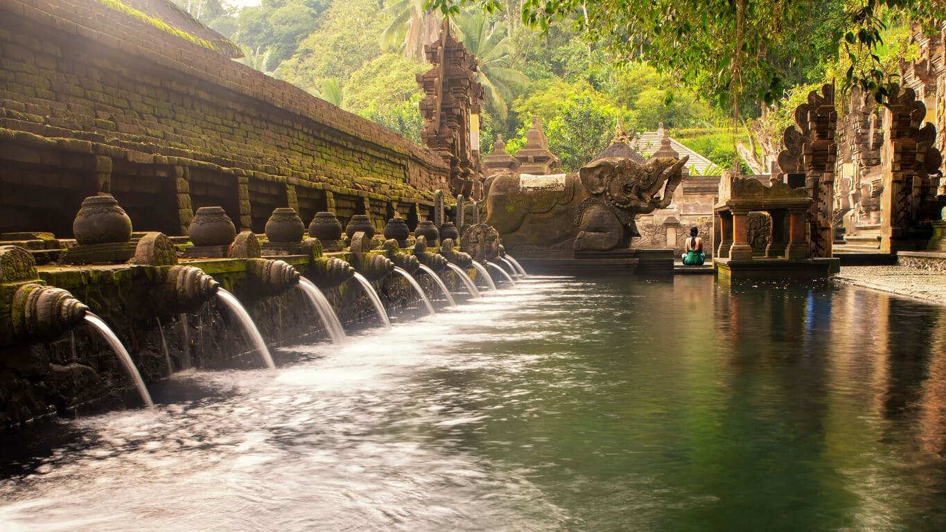 A serene view of a water temple in Bali
