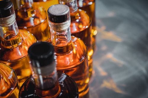 Bottles of rum in a distillery