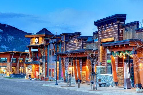 Downtown Big Sky with chalet shops, bars, and restaurants