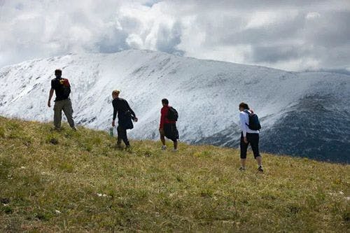 Four people walking up a grassy slope with a snow-covered mountain behind
